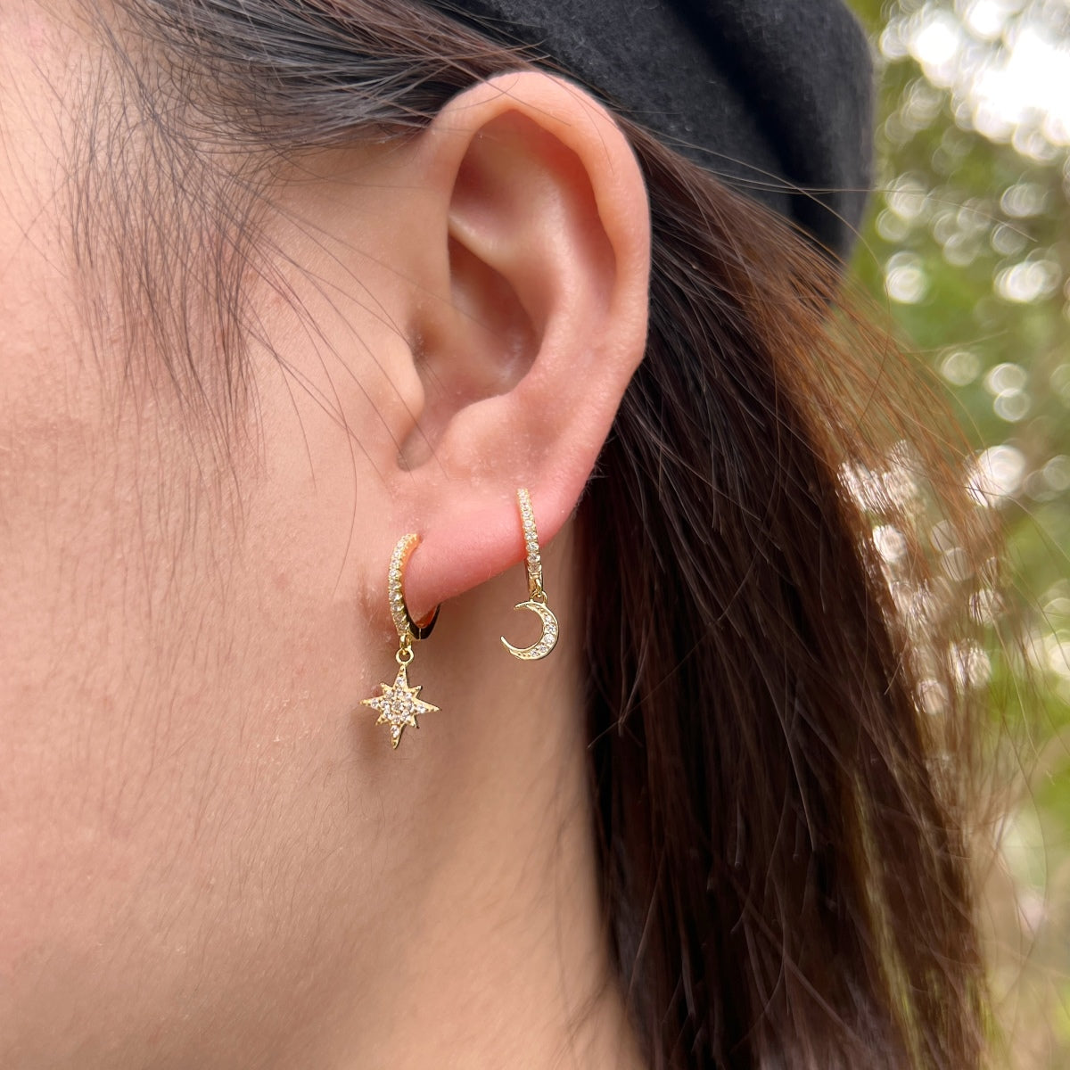 [Rose Tomorrow]Star and Moon Asymmetric Earrings