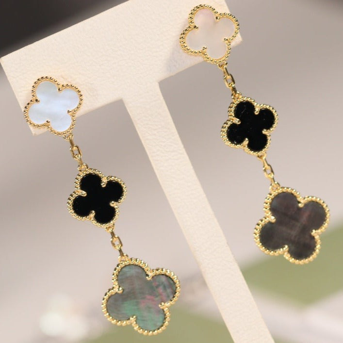 [💎ROSE💎]CLOVER EARRINGS GOLD ONYX MOP 3 MOTIF
