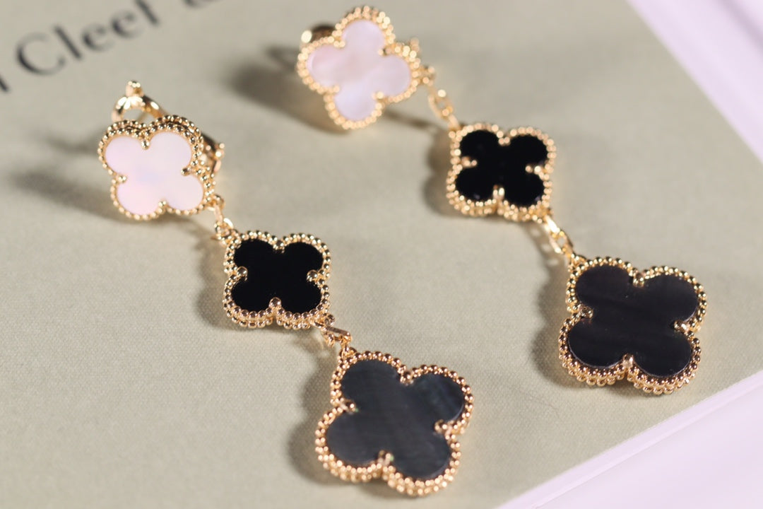 [💎ROSE💎]CLOVER EARRINGS GOLD ONYX MOP 3 MOTIF