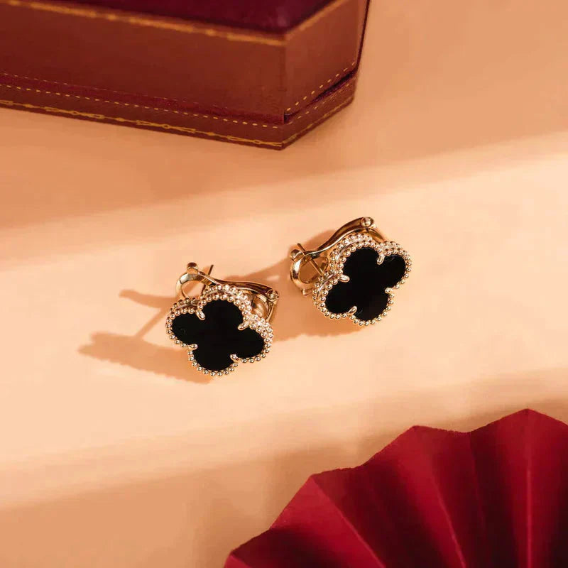 [💎ROSE💎]CLOVER MEDIUM 1 MOTIFS  ONYX STUD EARRINGS