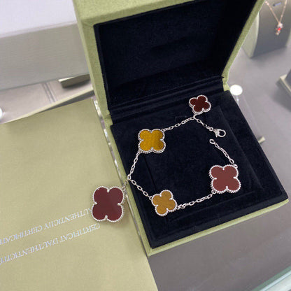 [Rose Tomorrow]CLOVER 5 MOTIFS SIVLER CARNELIAN TIGER EYE BRACELET