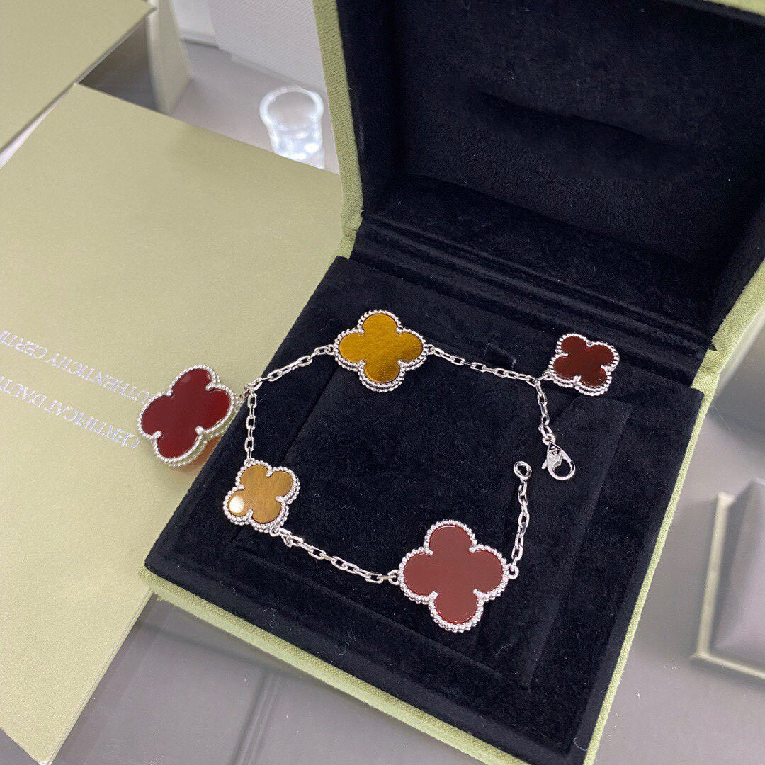 [Rose Tomorrow]CLOVER 5 MOTIFS SIVLER CARNELIAN TIGER EYE BRACELET