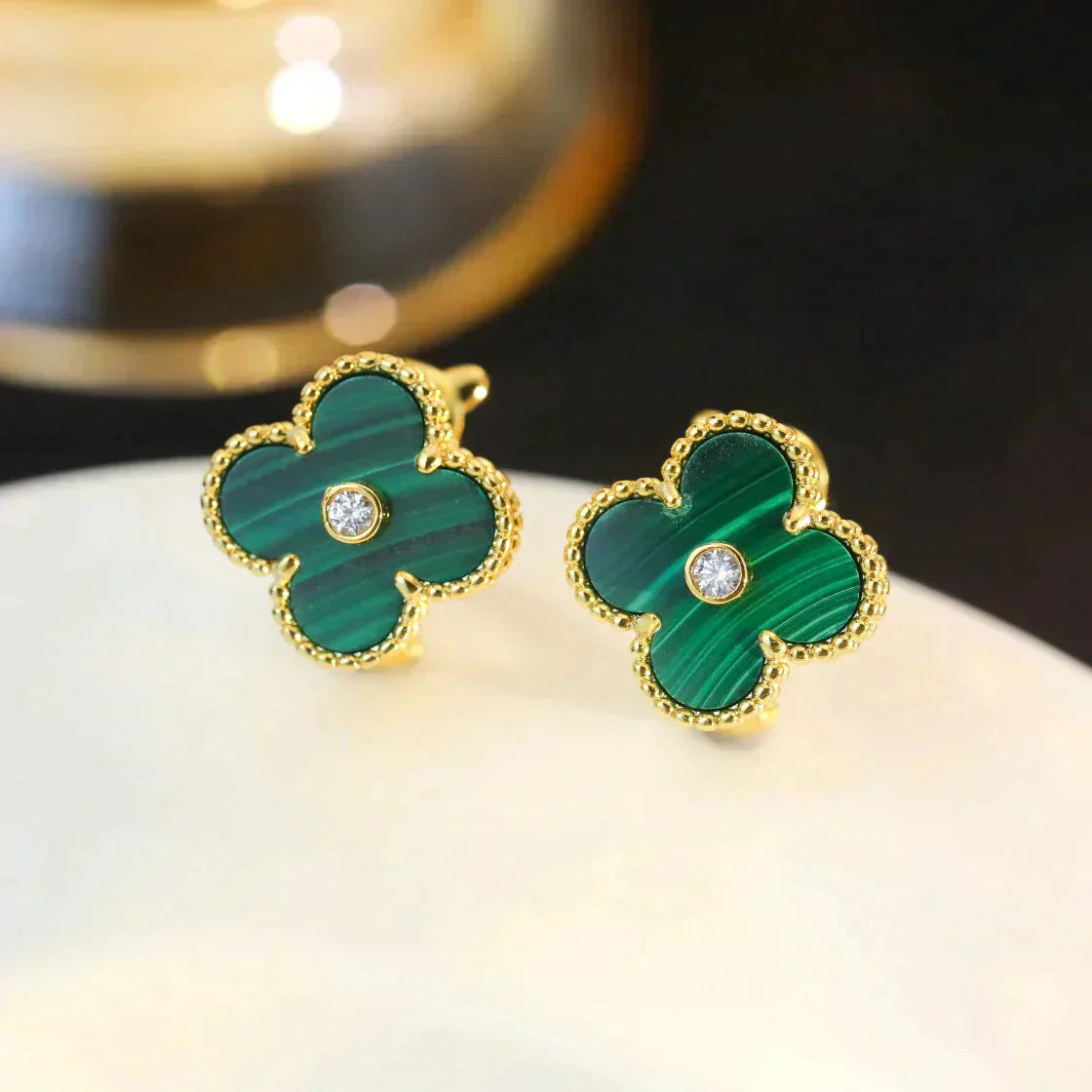 [Rose Tomorrow]CLOVER MEDIUM 1 MOTIFS MALACHITE DIAMOND EARRINGS