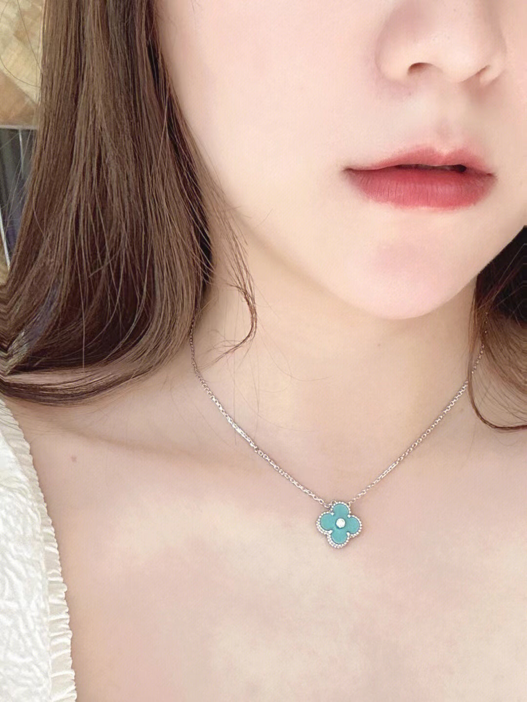 [Rose Tomorrow]CLOVER 1 DIAMOND LIGHT BLUE SILVER NECKLACE