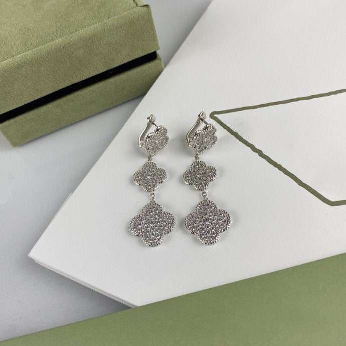 [Rose Tomorrow]CLOVER 3 MOTIF DIAMOND SILVER DROP EARRINGS