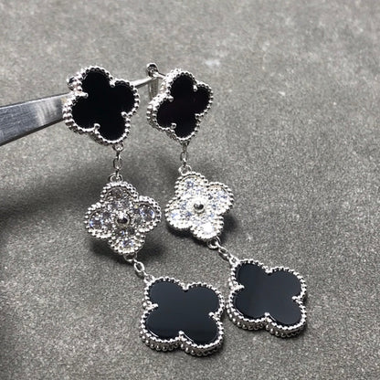 [Rose Tomorrow]CLOVER 3 MOTIF DIAMOND ONYX SILVER EARRINGS