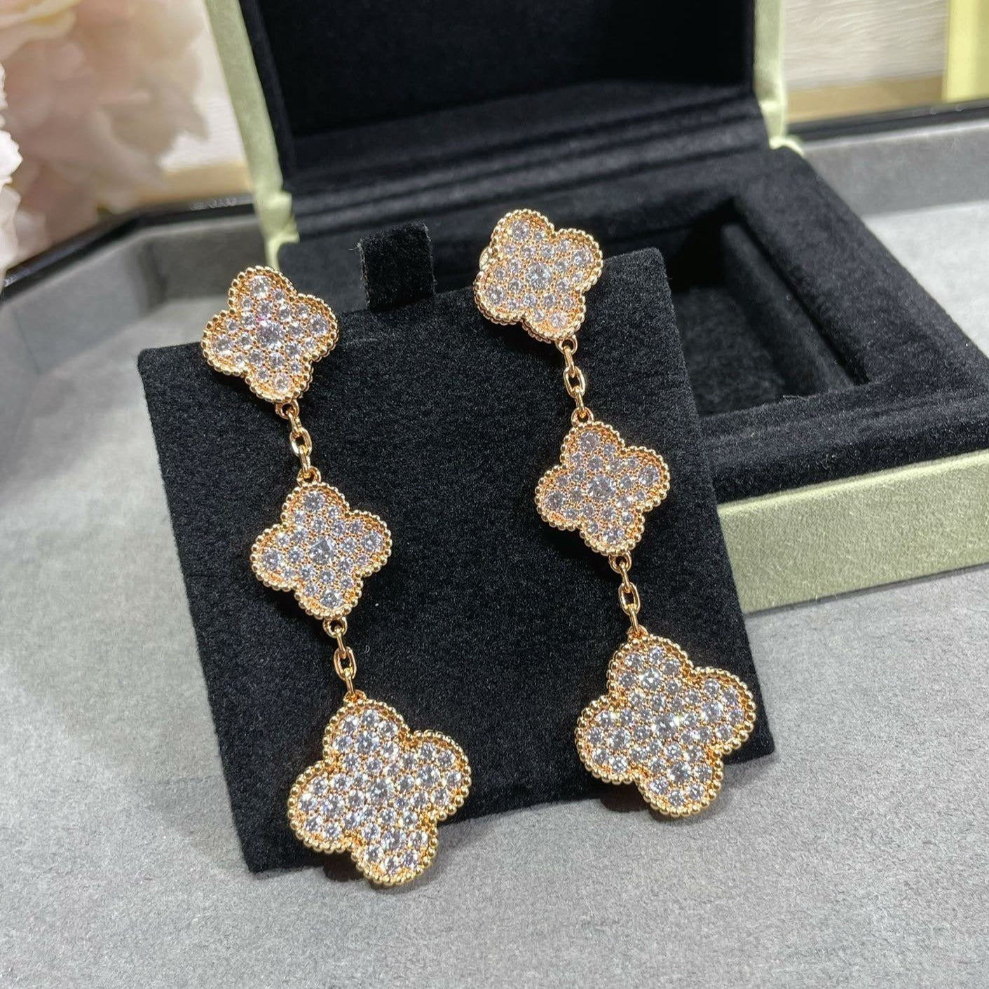 CLOVER 3 MOTIFS DIAMOND PAVED ROSE GOLD EARRINGS