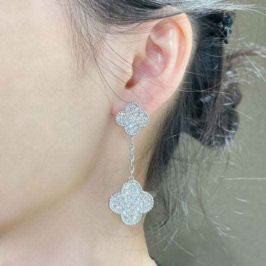 [Rose Tomorrow]CLOVER 2 MOTIFS DIAMOND PAVED SILVER EARRINGS