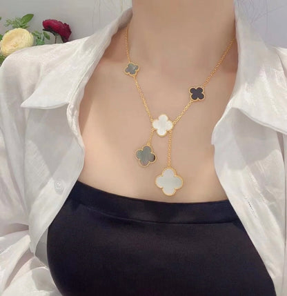 [Rose Tomorrow]CLOVER 6 MOTIF MOP ONYX GOLD NECKLACE