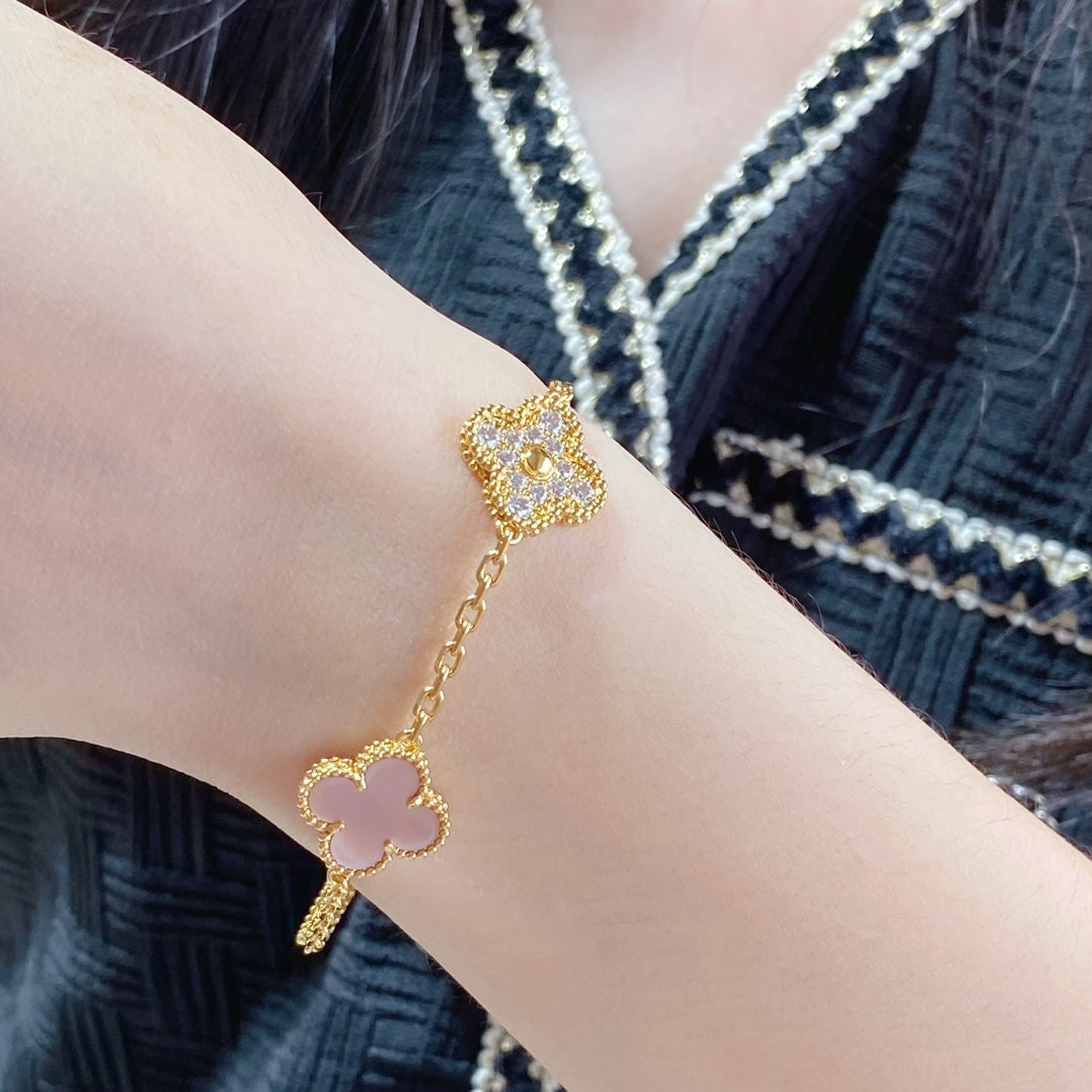 [Rose Tomorrow]CLOVER 5 MOTIF DIAMOND PINK MOP PINK GOLD BRACELET