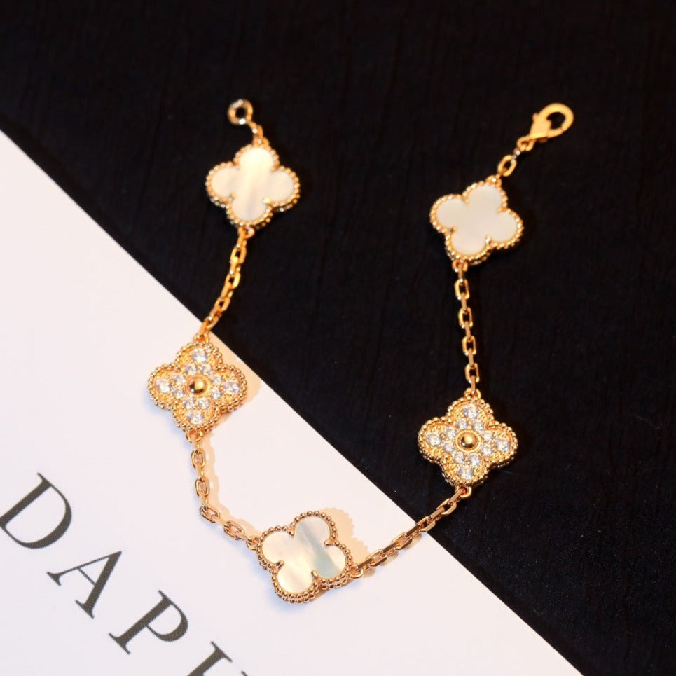 [💎ROSE💎]CLOVER BRACELET 5 MOTIF WHITE MOP DIAMOND