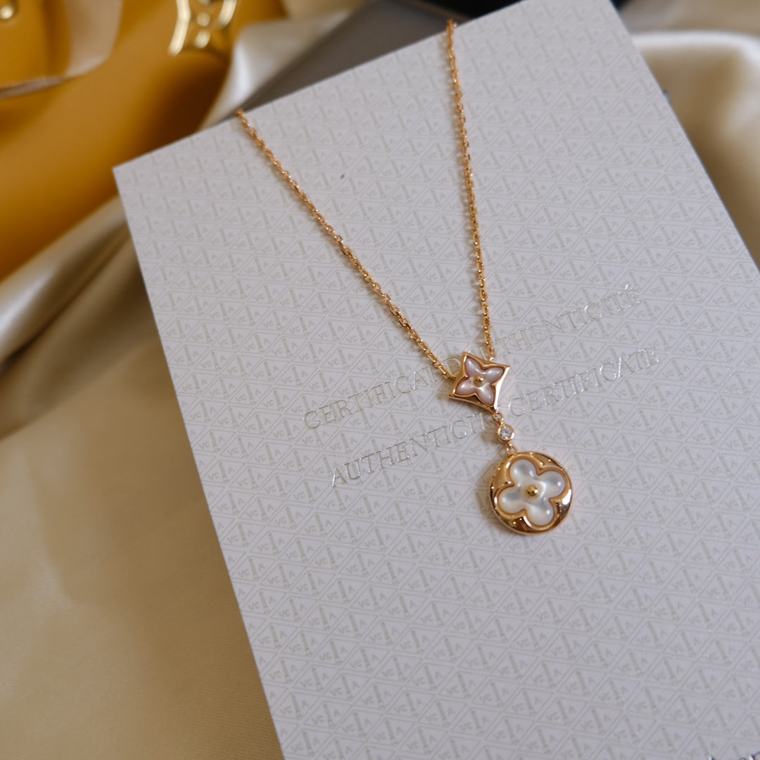 [Rose Tomorrow]STAR AND SUN WHITE MOP 2 MOTIF PINK GOLD NECKLACE