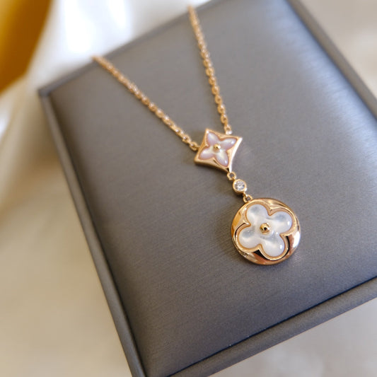 [Rose Tomorrow]STAR AND SUN WHITE MOP 2 MOTIF PINK GOLD NECKLACE