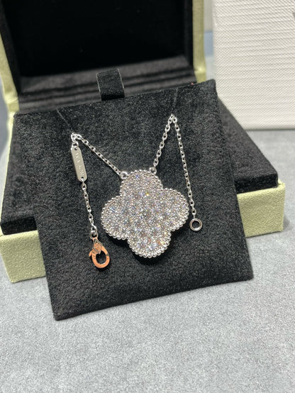 [Rose Tomorrow]CLOVER 25MM LARGE PENDANT DIAMOND PAVED SILVER NECKLACE