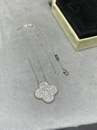 [Rose Tomorrow]CLOVER 25MM LARGE PENDANT DIAMOND PAVED SILVER NECKLACE