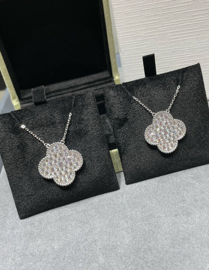 [Rose Tomorrow]CLOVER 25MM LARGE PENDANT DIAMOND PAVED SILVER NECKLACE