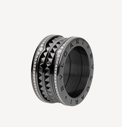 [Rose Tomorrow]ZERO 1 ROCK FOUR-BAND BLACK CERAMIC WITH STUDDED SPIRAL AND PAVED DIAMONDS RING