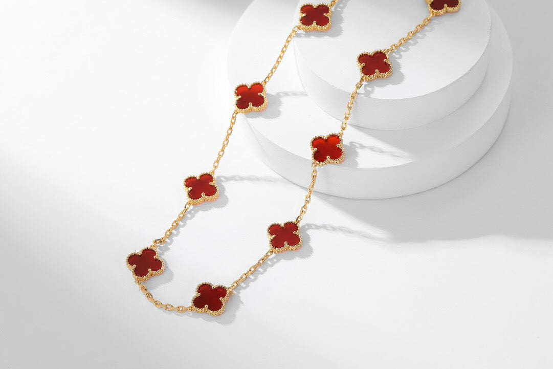 [Rose Tomorrow]Clover 10 Motifs Red Chalcedony Necklace.