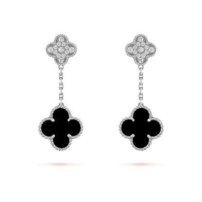 [Rose Tomorrow]CLOVER 2 MOTIFS  DIAMOND ONYX EARRINGS SILVER