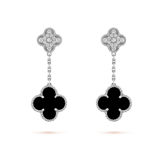 [Rose Tomorrow]CLOVER 2 MOTIFS  DIAMOND ONYX EARRINGS SILVER