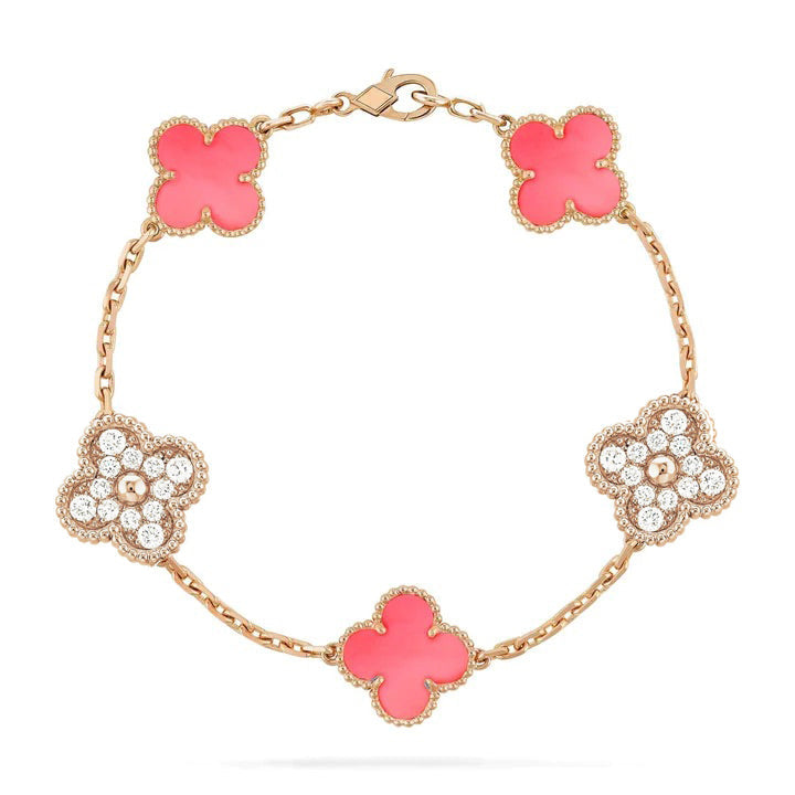 [💎ROSE💎]CLOVER 5 MOTIF DIAMOND PINK MOP PINK GOLD BRACELET