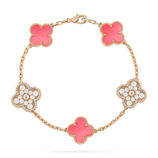[💎ROSE💎]CLOVER 5 MOTIF DIAMOND PINK MOP PINK GOLD BRACELET