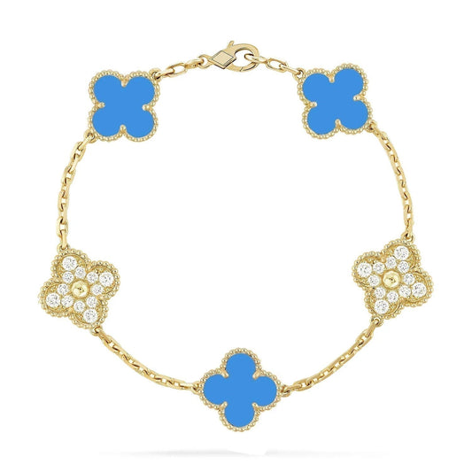 [Rose Tomorrow]CLOVER 5 MOTIF BLUE CHALCEDONY DIAMOND GOLD BRACELET