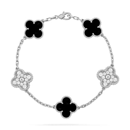 [Rose Tomorrow]CLOVER 5 MOTIF ONYXS DIAMOND BRACELET SILVER