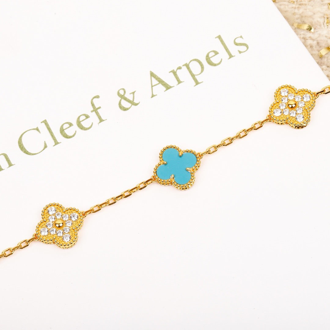 [Rose Tomorrow]CLOVER 5 MOTIF TURQUOISE DIAMOND GOLD BRACELET