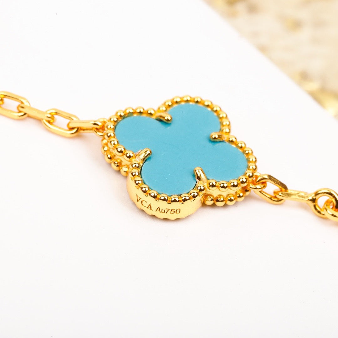 [Rose Tomorrow]CLOVER 5 MOTIF TURQUOISE DIAMOND GOLD BRACELET