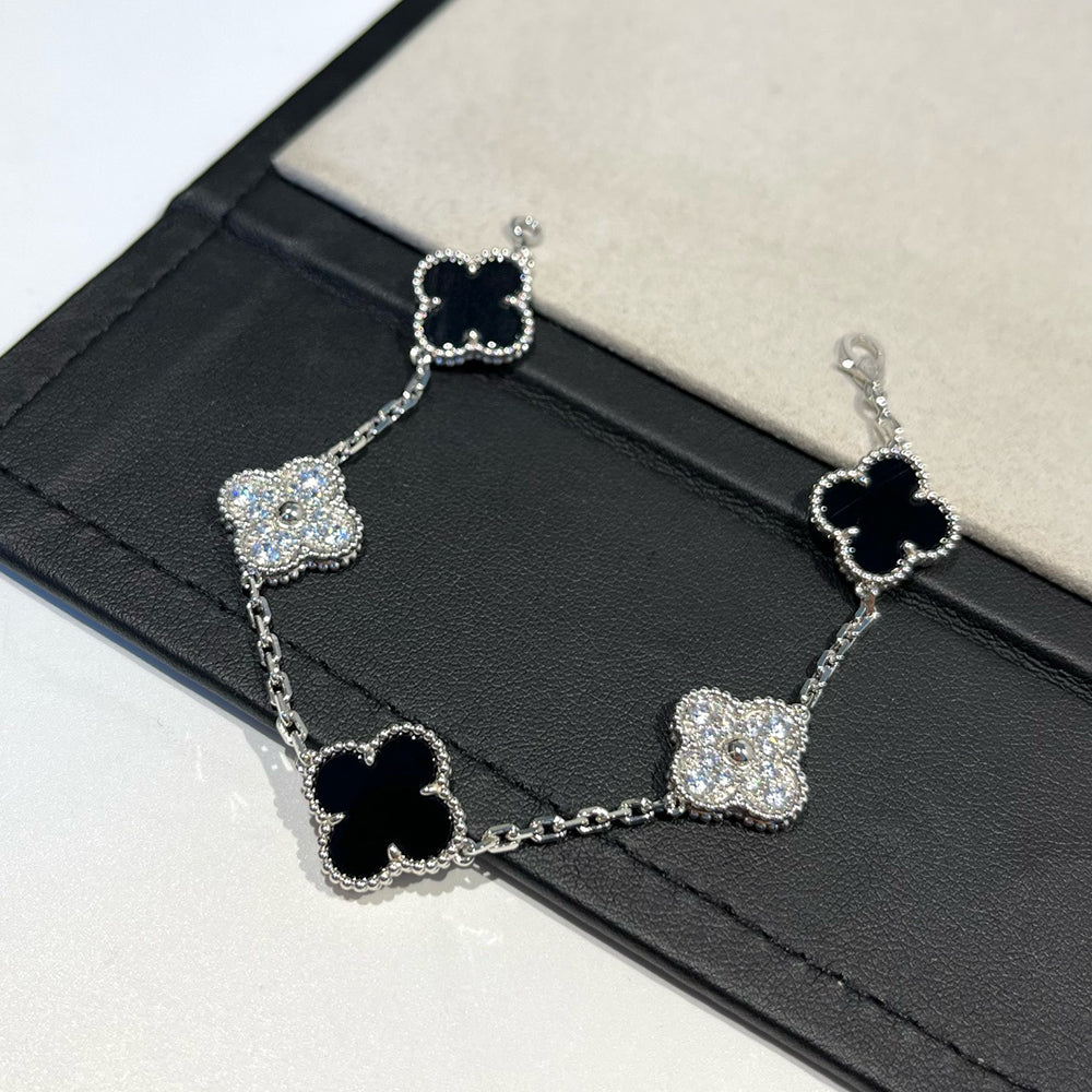 [Rose Tomorrow]CLOVER 5 MOTIF ONYXS DIAMOND BRACELET SILVER