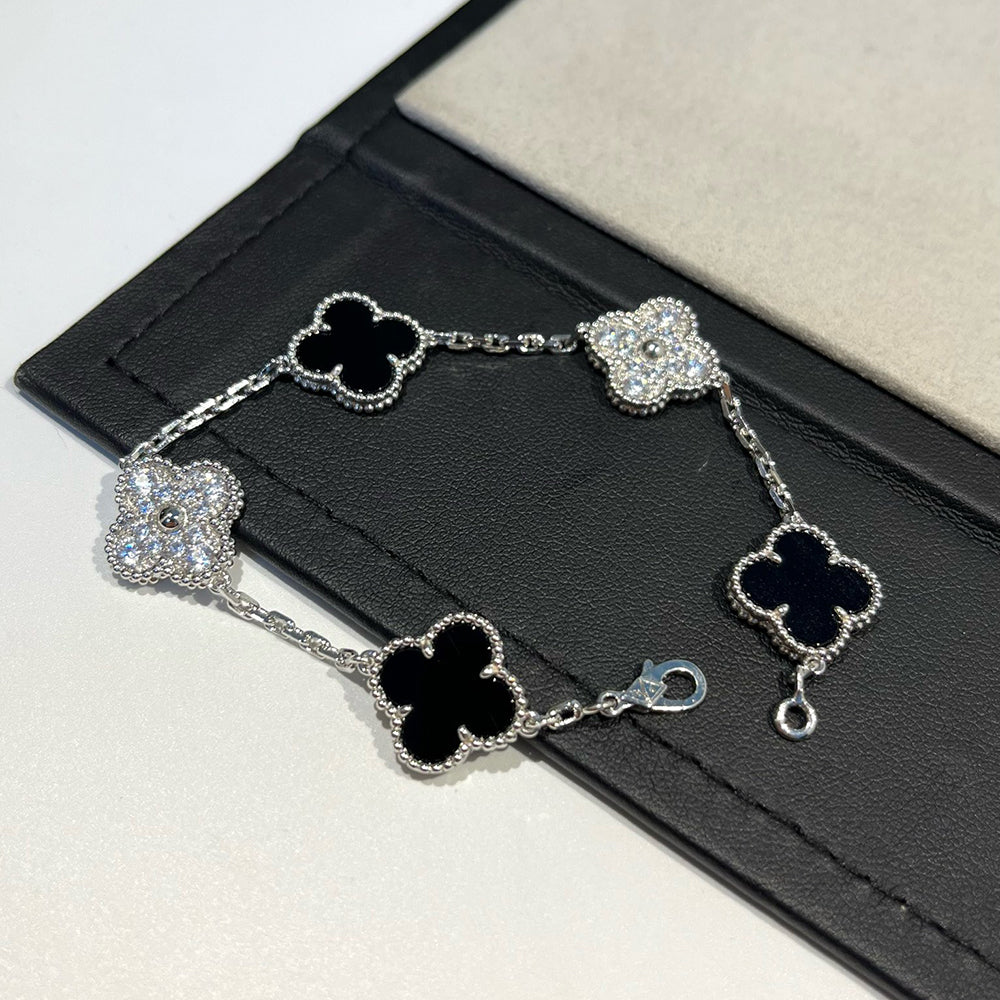 [Rose Tomorrow]CLOVER 5 MOTIF ONYXS DIAMOND BRACELET SILVER