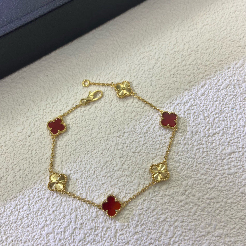[💎ROSE💎]CLOVER 6 MOTIF RED AGATE LASER BRACELET
