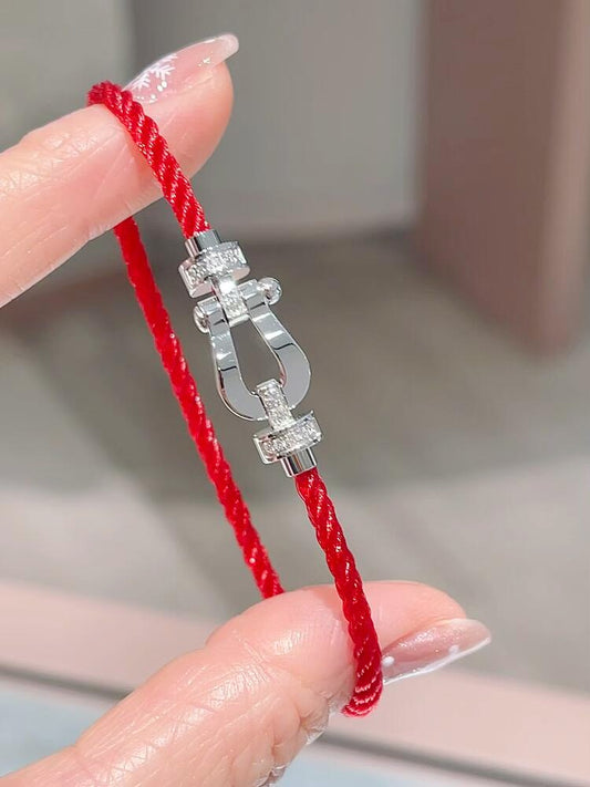 [Rose of Tomorrow] CHANCE Small 8 Buckle Half Diamond Red Rope Silver Bracelet