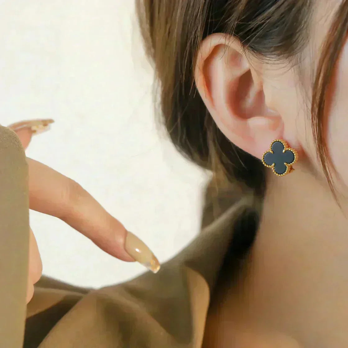 [💎ROSE💎]CLOVER MEDIUM 1 MOTIFS  ONYX STUD EARRINGS