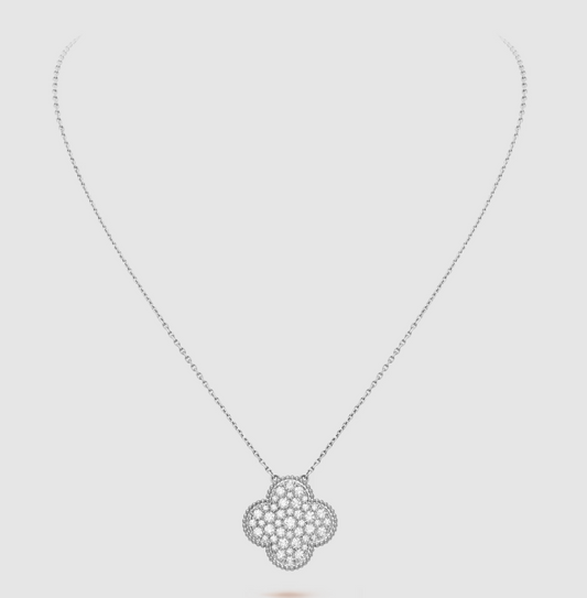 [Rose Tomorrow]CLOVER 25MM LARGE PENDANT DIAMOND PAVED SILVER NECKLACE