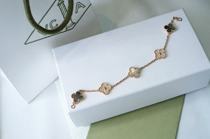 [Rose Tomorrow]CLOVER 5 MOTIFS DARK MOP AND DIAMONDS PINK GOLD BRACELET