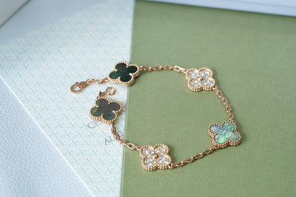 [Rose Tomorrow]CLOVER 5 MOTIFS DARK MOP AND DIAMONDS PINK GOLD BRACELET