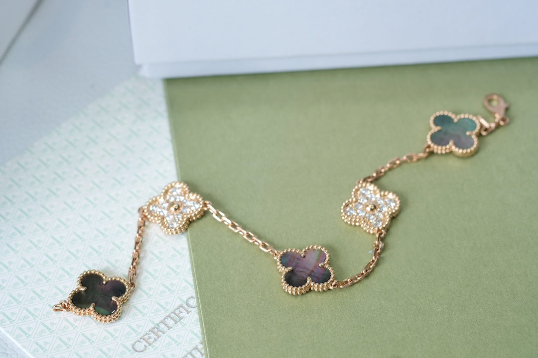 [Rose Tomorrow]CLOVER 5 MOTIFS DARK MOP AND DIAMONDS PINK GOLD BRACELET